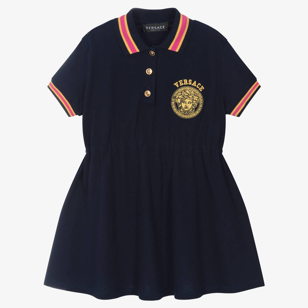 Versace - Girls Navy Blue Cotton Piqué Dress | Childrensalon