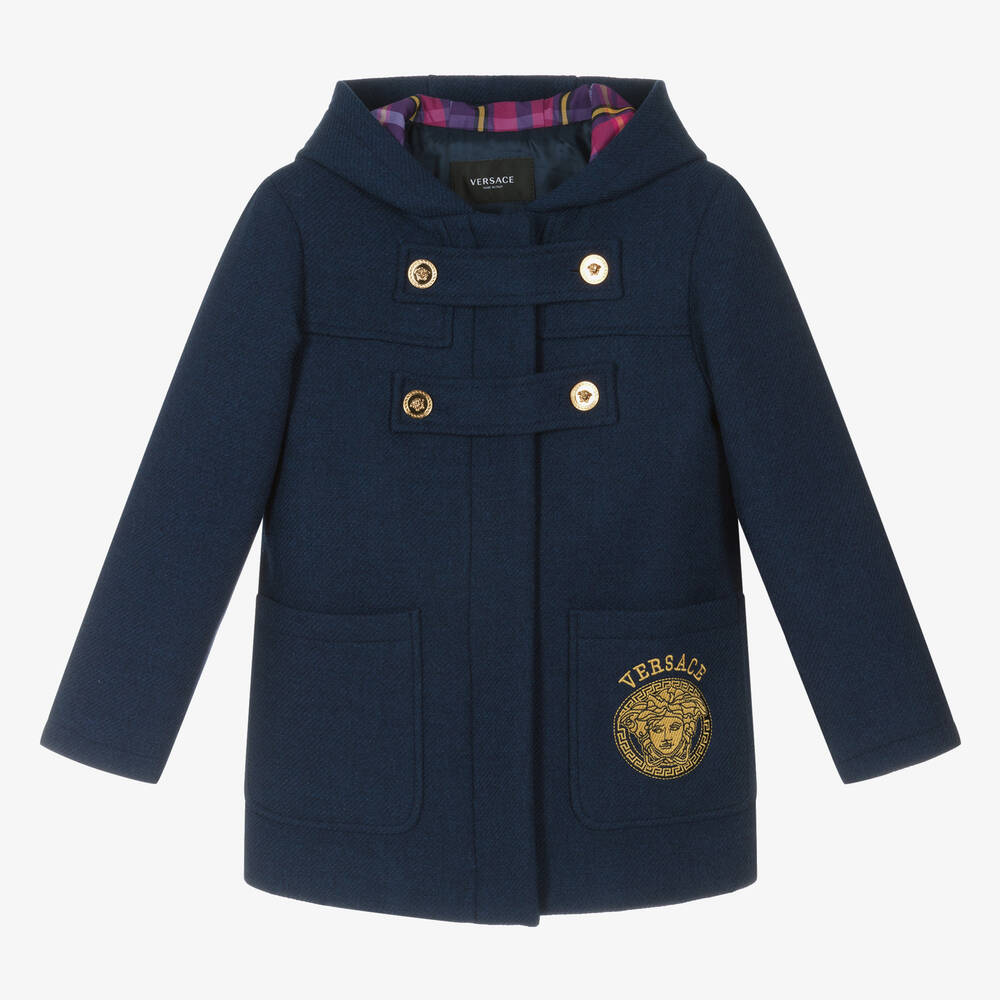 Versace - Girls Navy Blue Embroidered Duffle Coat | Childrensalon