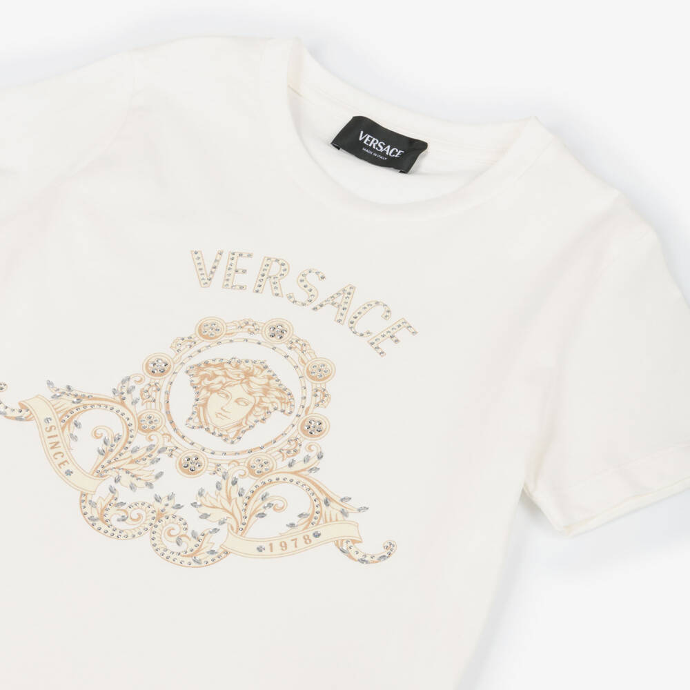 Versace-Girls Off-White Cotton T-Shirt with Medusa Hall Crest | Childrensalon Outlet