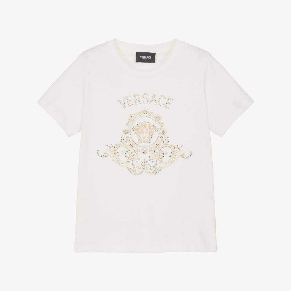 Versace-Girls Off-White Cotton T-Shirt with Medusa Hall Crest | Childrensalon Outlet