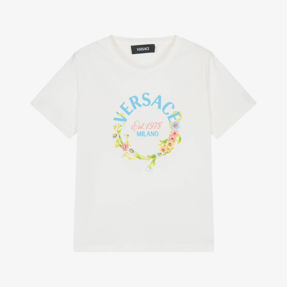 Versace-Girls Off-White Floral Cotton Tee | Childrensalon Outlet