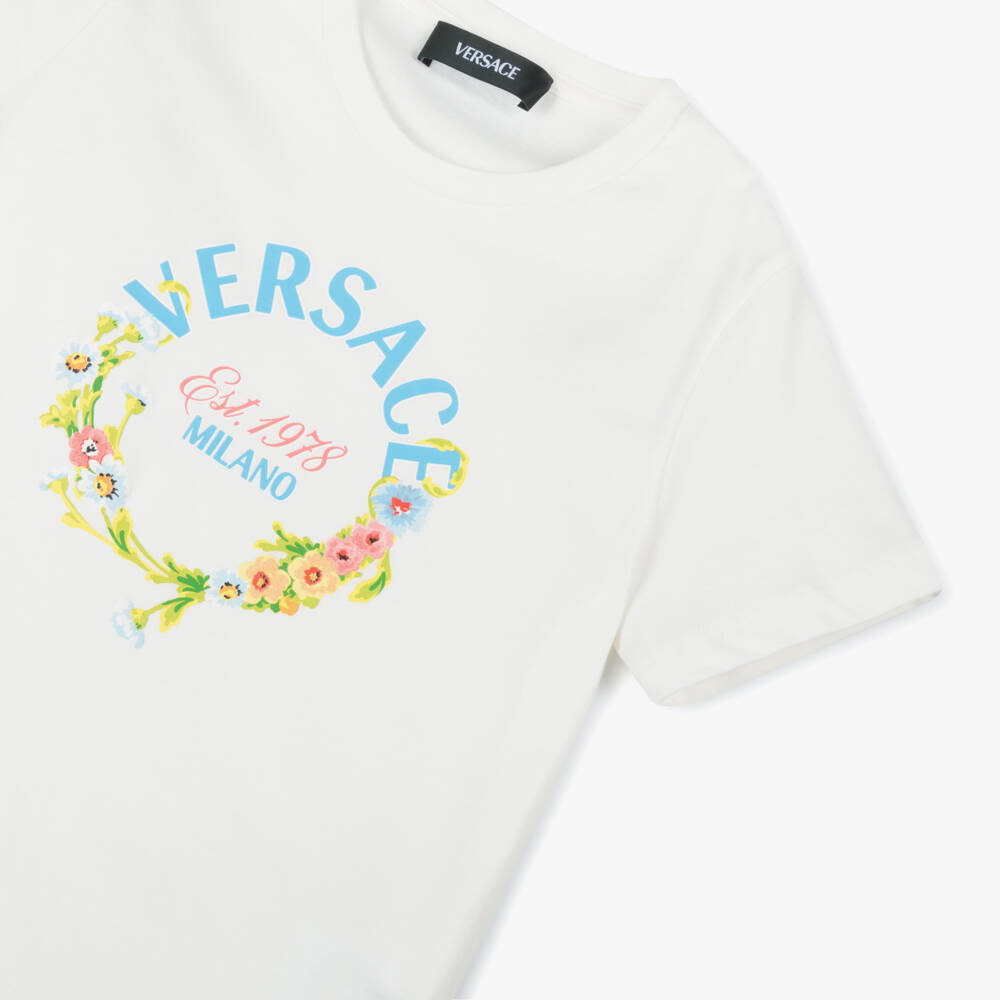 Versace-Girls Off-White Floral Cotton Tee | Childrensalon Outlet