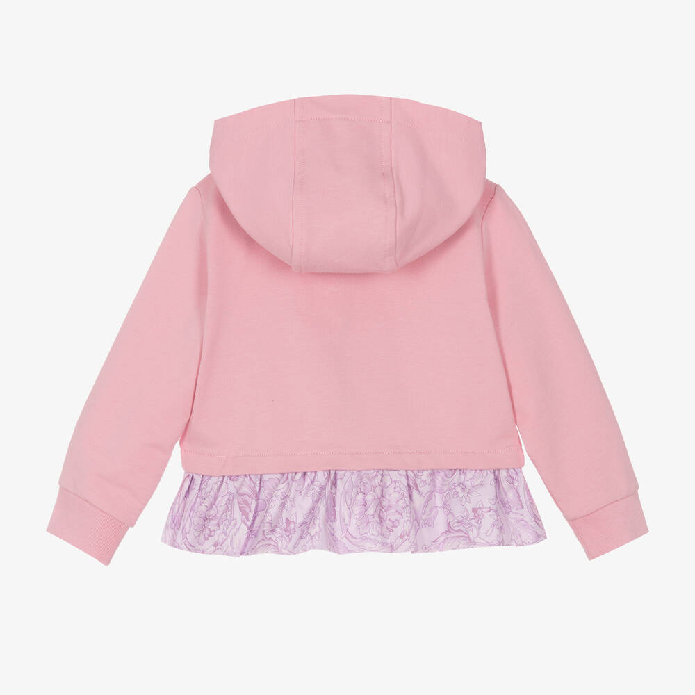 Versace-توب هودي بسحّاب قطن لون زهري بطبعة باروك | Childrensalon Outlet