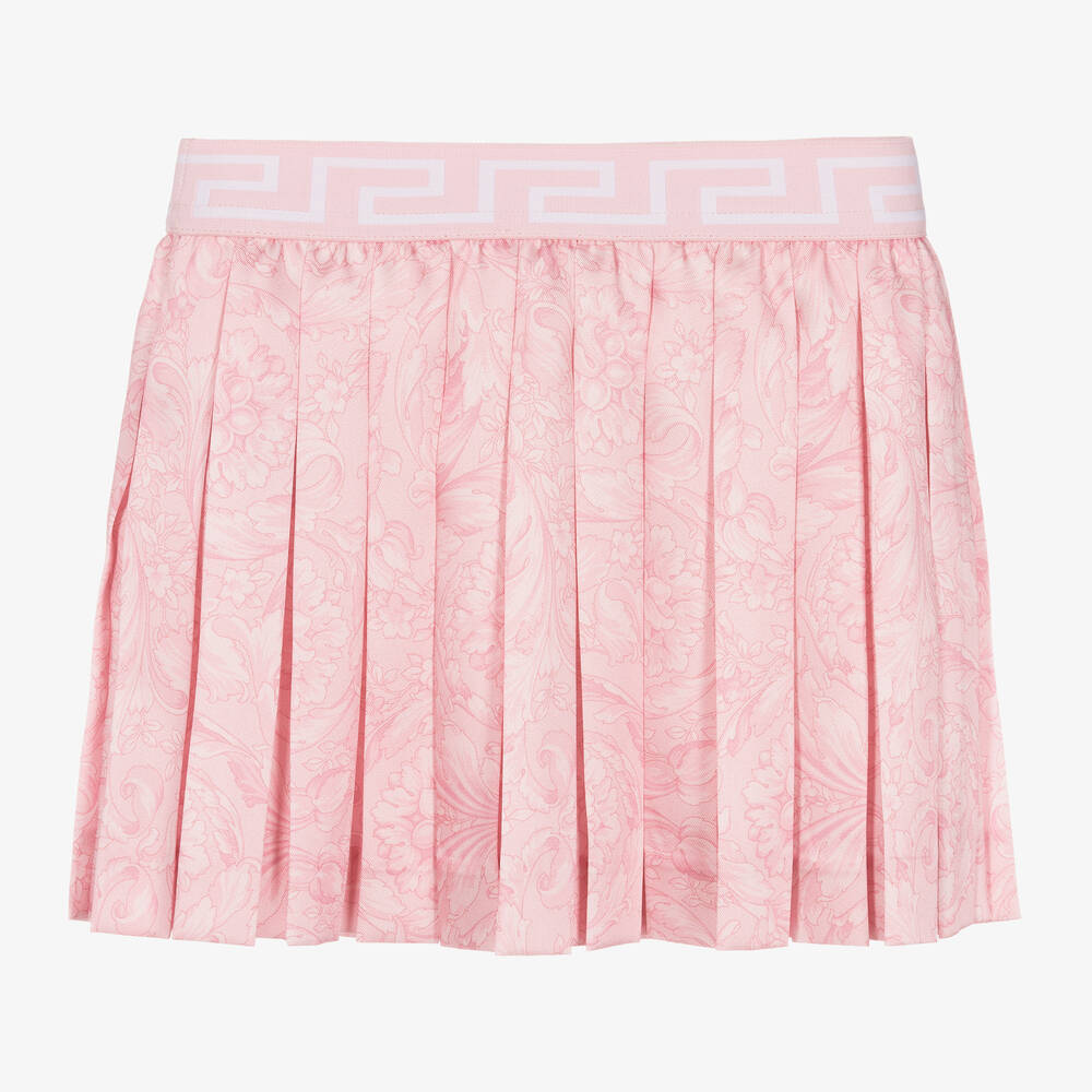 Versace-تنورة ساتان تويل بكُسرات لون زهري بطبعة باروك | Childrensalon Outlet