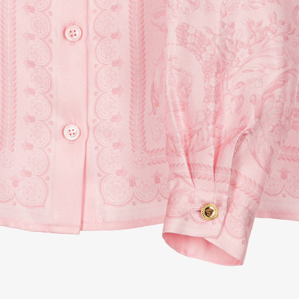 Versace-فستان ساتان تويل لون زهري بطبعة باروك للبنات | Childrensalon Outlet