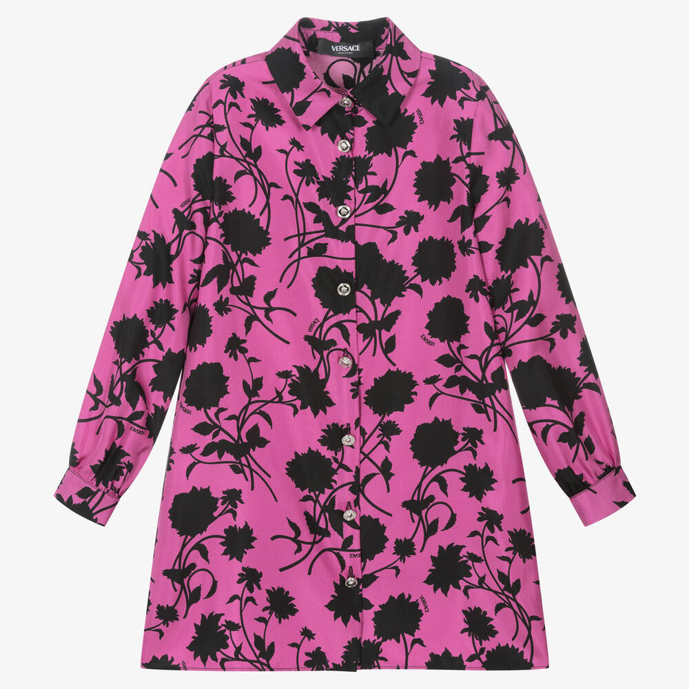 Versace-فستان بطبعة ورود حرير تويل لون زهري وأسود | Childrensalon Outlet