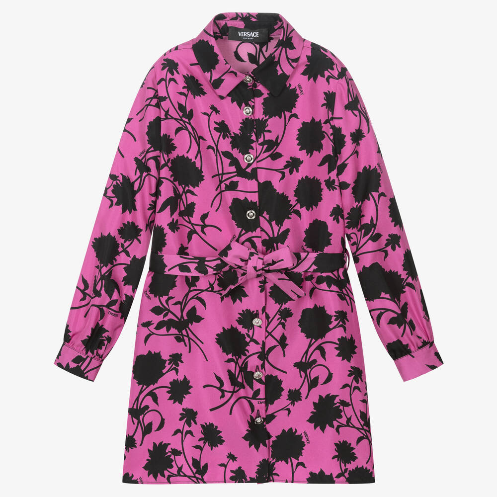 Versace - Girls Pink & Black Floral Silk Dress | Childrensalon