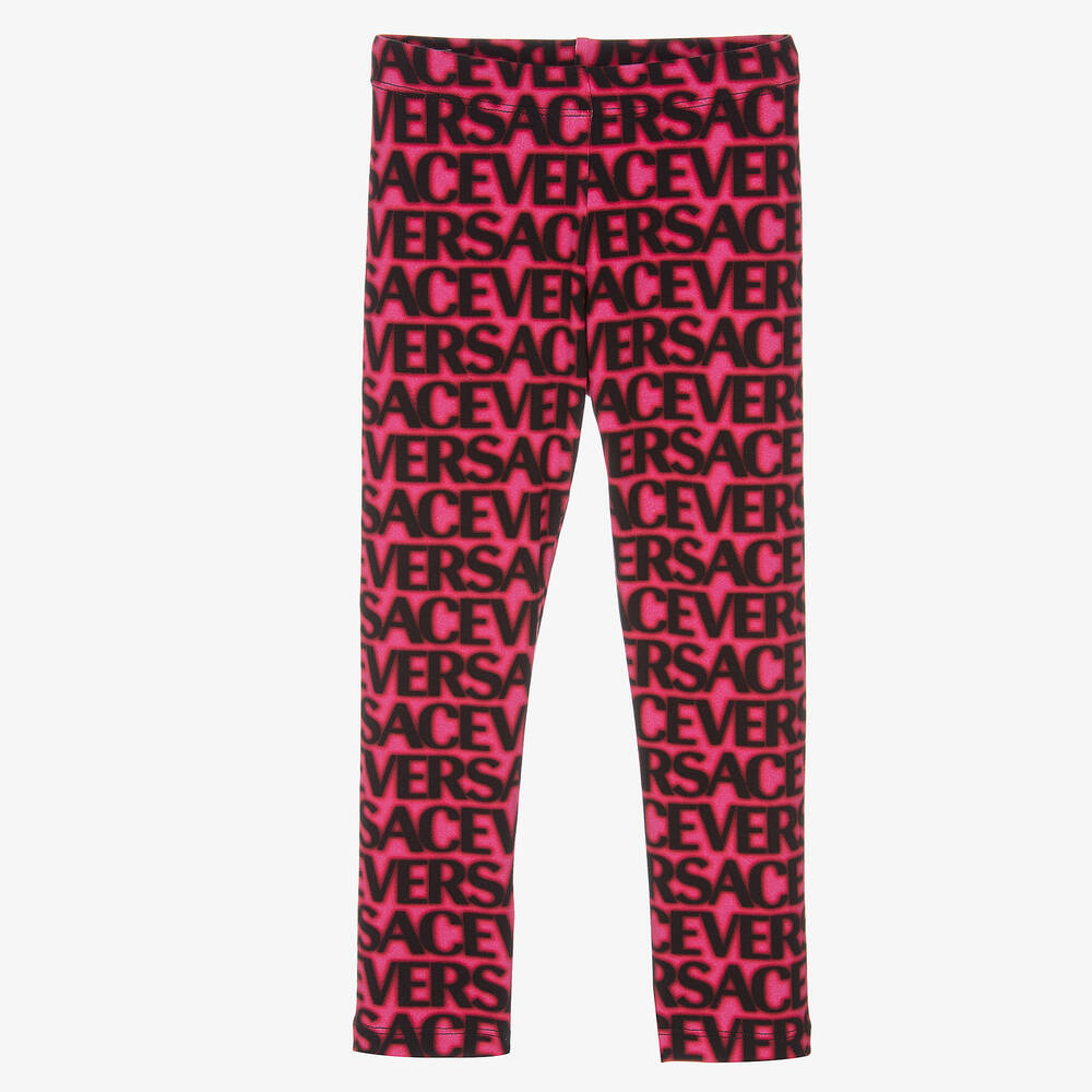 Versace - Girls Pink & Black Logo Print Leggings | Childrensalon