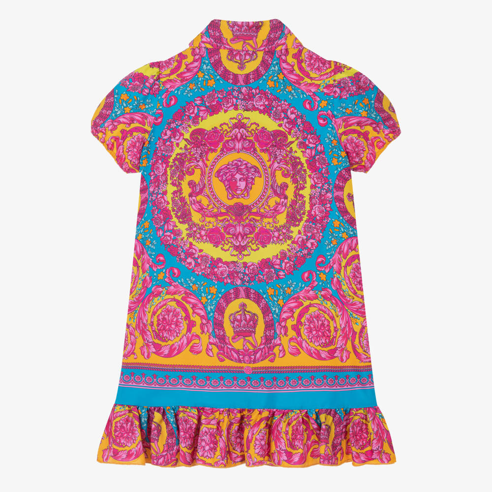 Versace-Платье из шелка с розово-синим узором Barocco | Childrensalon Outlet