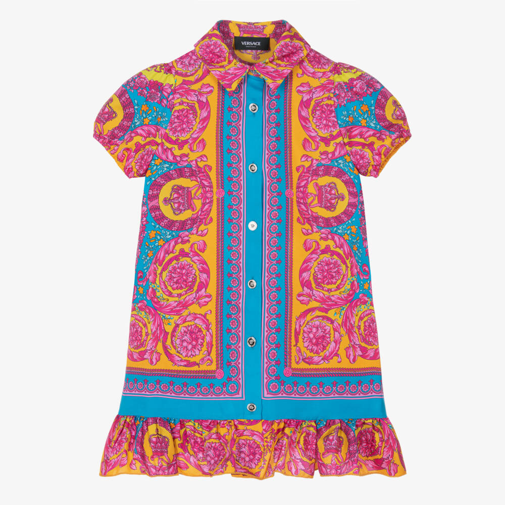 Versace-Платье из шелка с розово-синим узором Barocco | Childrensalon Outlet