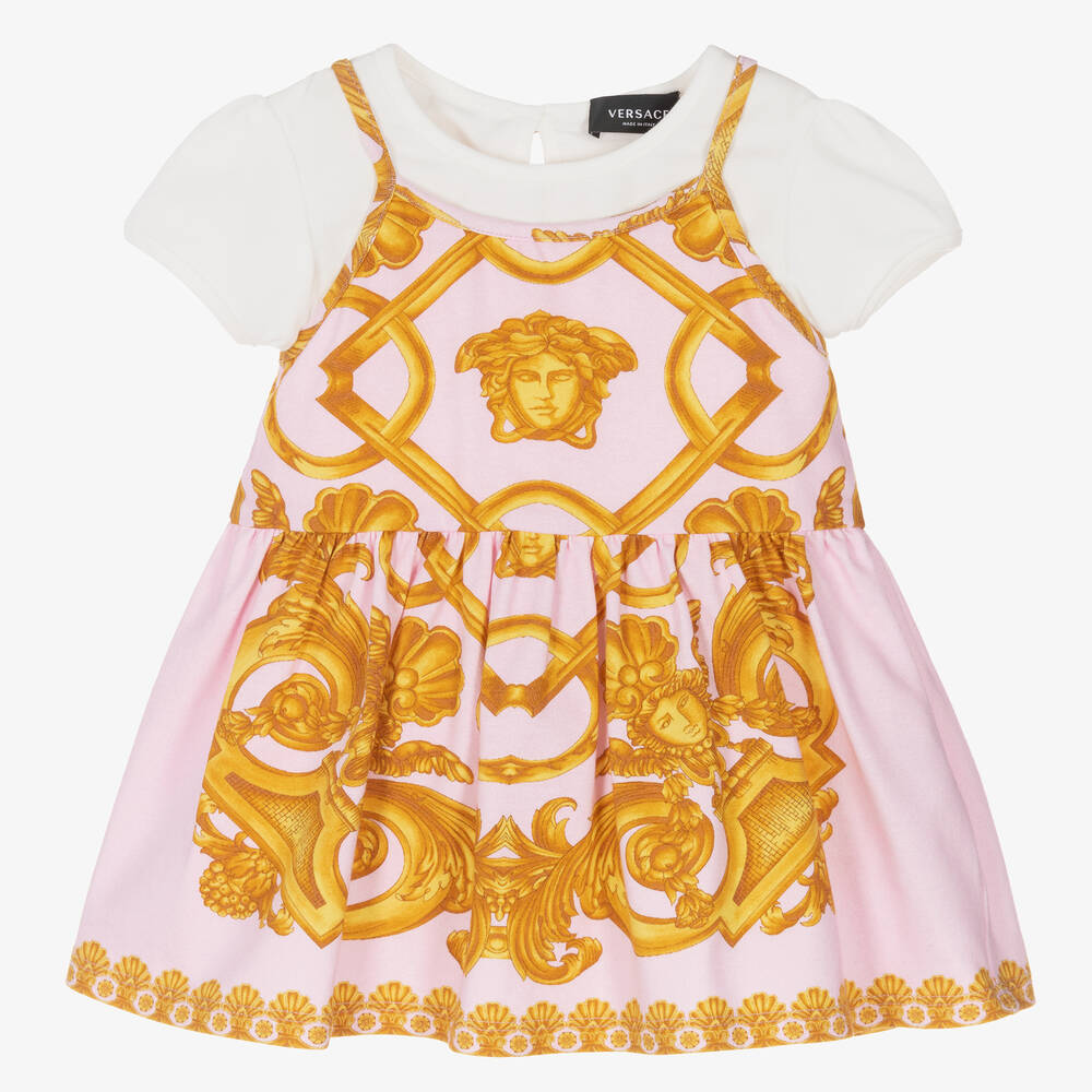Versace - فستان قطن جيرسي لون زهري بطبعة الباروك للمولودات | Childrensalon