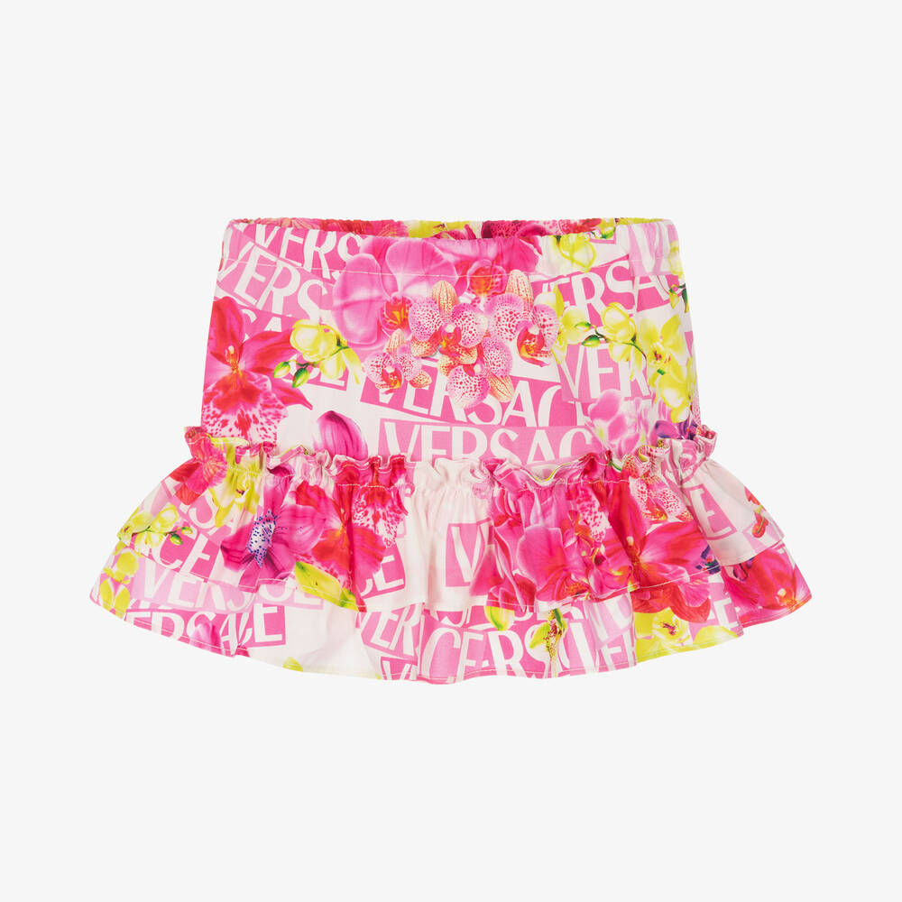 Versace - Jupe rose en coton à fleurs fille | Childrensalon