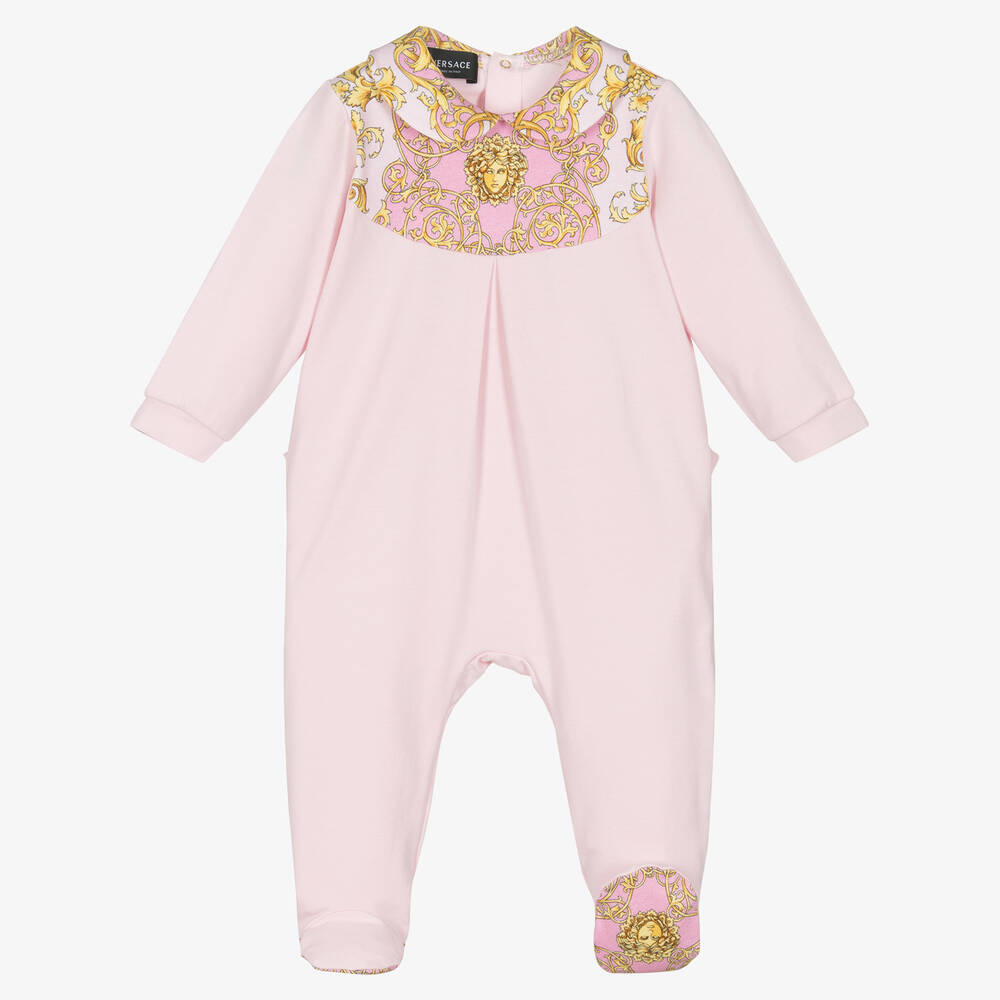 Versace-Розовый хлопковый комбинезон и шапочка Medusa | Childrensalon Outlet