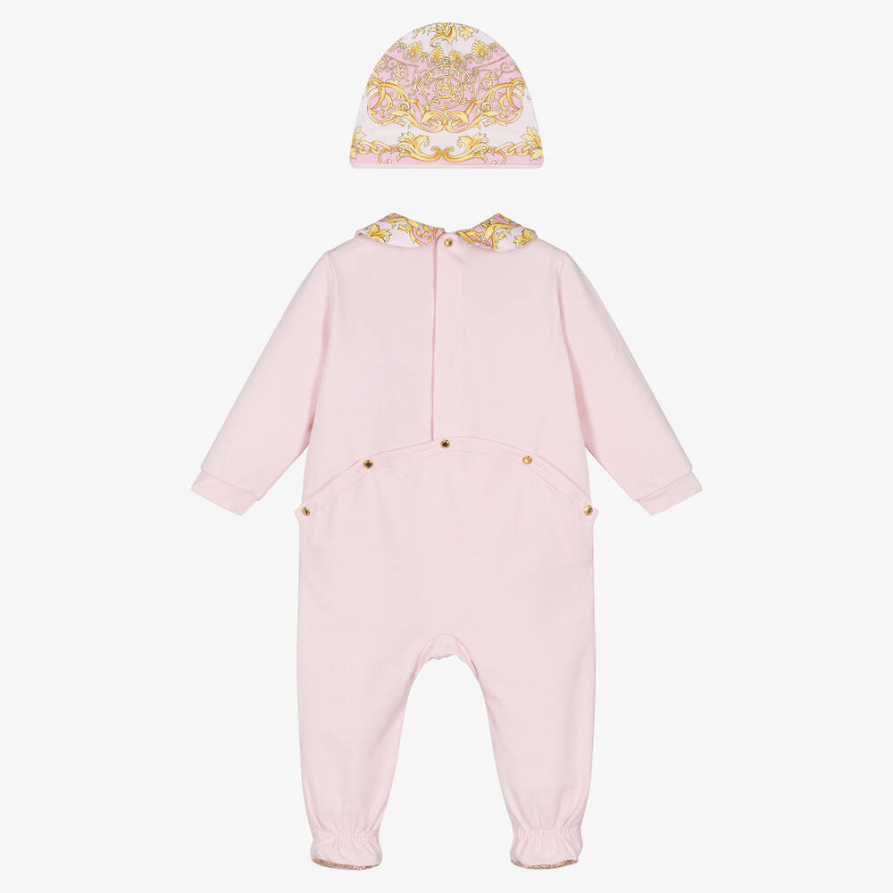Versace-Розовый хлопковый комбинезон и шапочка Medusa | Childrensalon Outlet