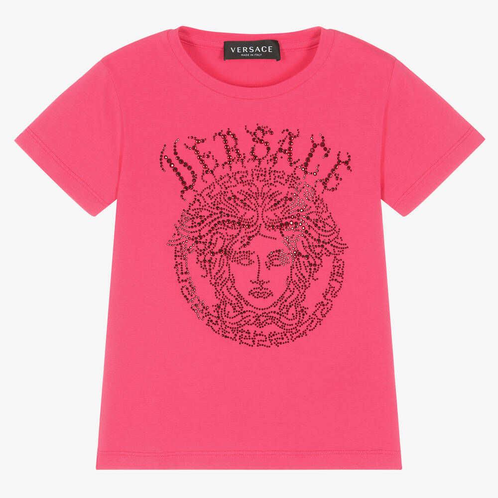 Versace - T-shirt rose en coton à strass | Childrensalon
