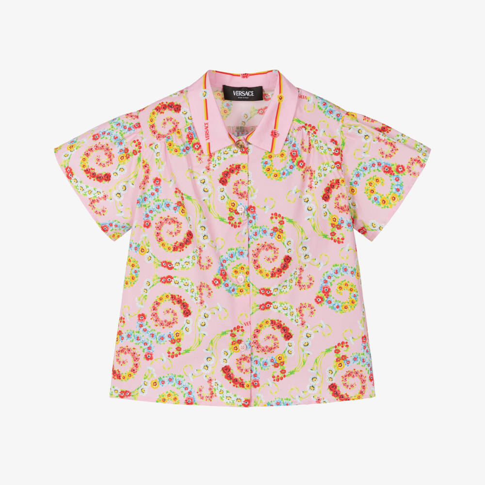 Versace-بلوزة قطنية وردية مزينة بالزهور للبنات | Childrensalon Outlet
