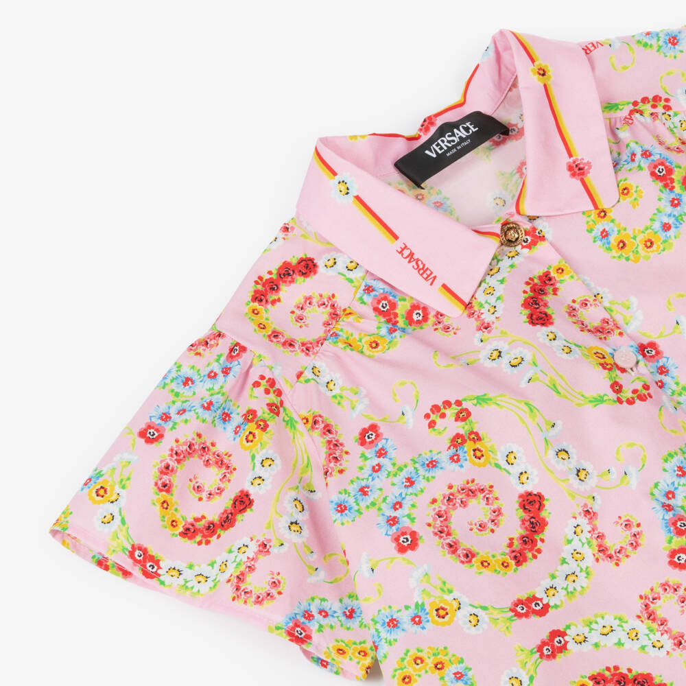 Versace-بلوزة قطنية وردية مزينة بالزهور للبنات | Childrensalon Outlet