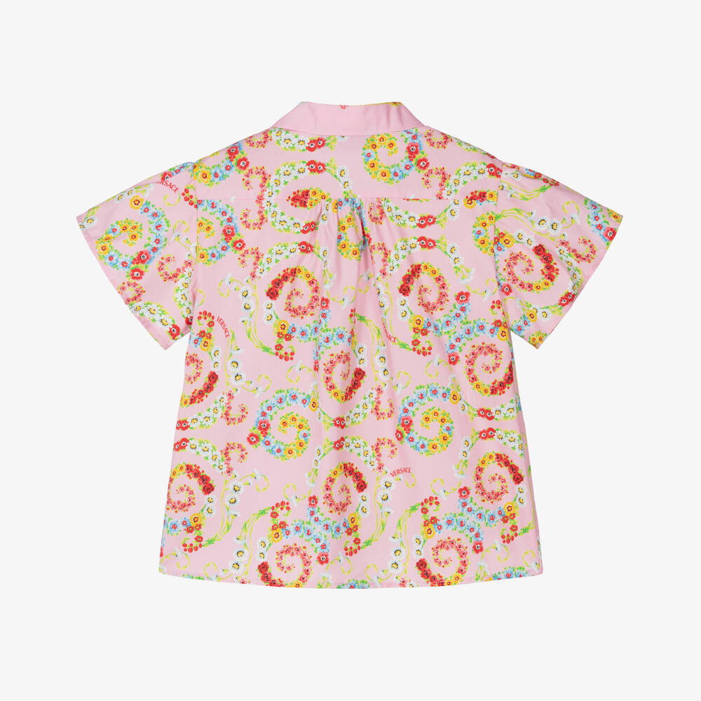 Versace-بلوزة قطنية وردية مزينة بالزهور للبنات | Childrensalon Outlet