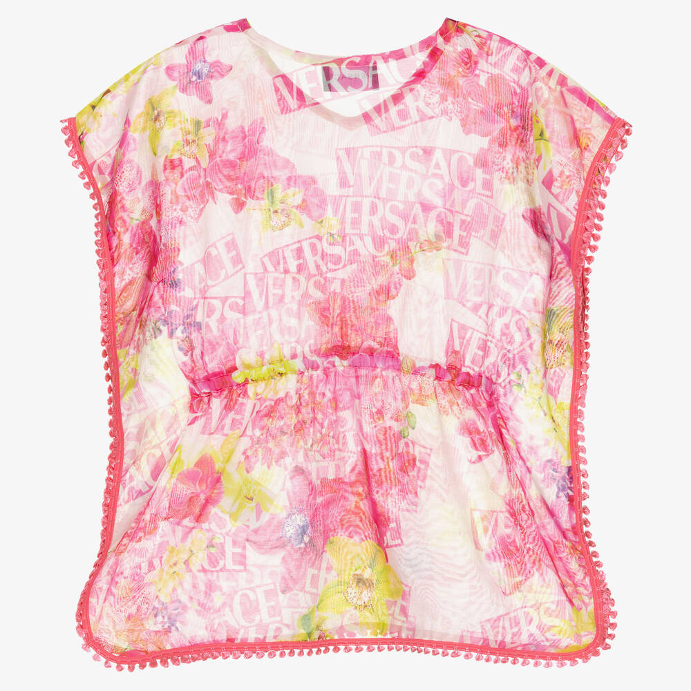 Versace-Розовый шелковый кафтан с цветами | Childrensalon Outlet