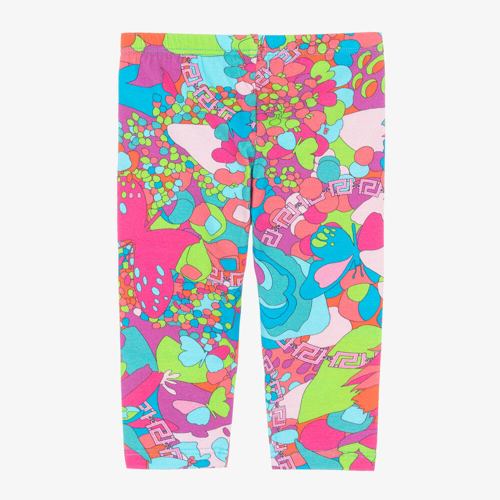 Versace-Розовые легинсы с цветами с принтом Greca | Childrensalon Outlet