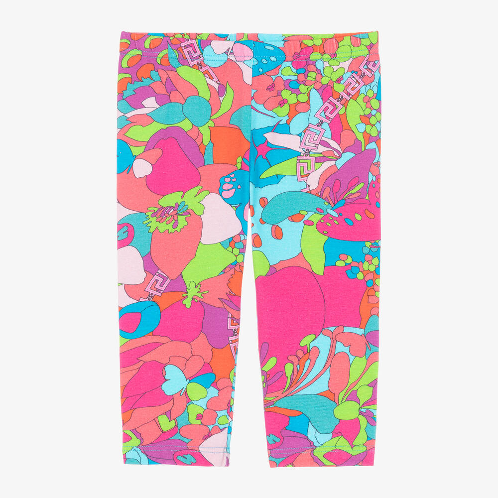 Versace - Girls Pink Floral Summer Greca Leggings | Childrensalon