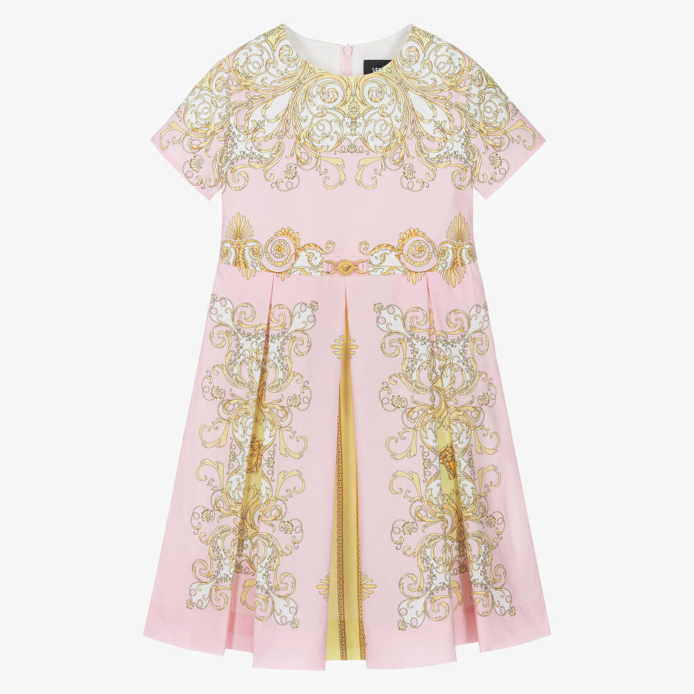 Versace-Платье из хлопка розовое и золотое для девочек | Childrensalon Outlet