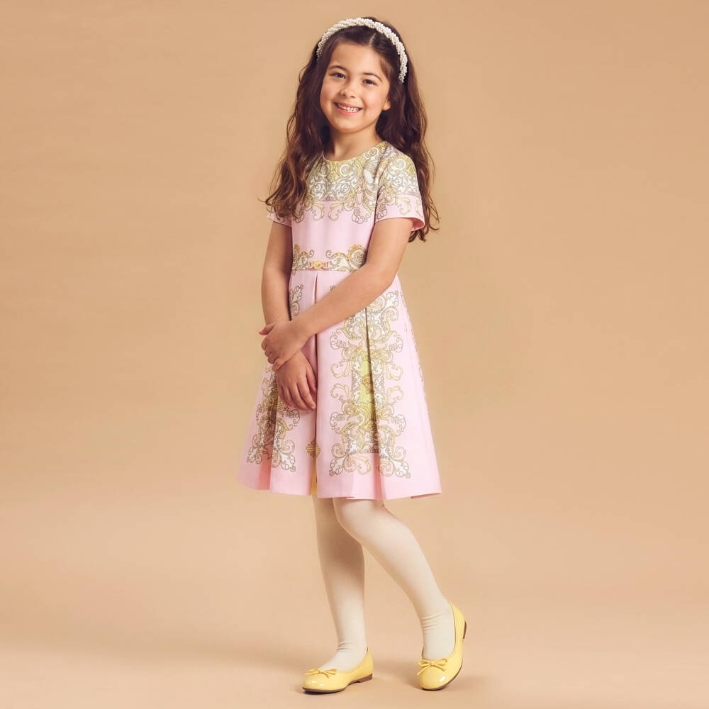 Versace-Платье из хлопка розовое и золотое для девочек | Childrensalon Outlet