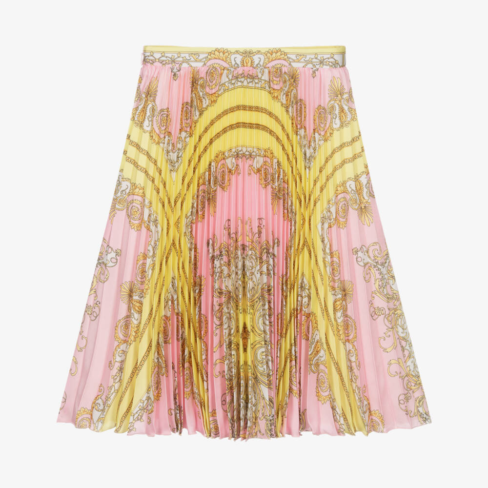 Versace-Плиссированная шелковая юбка розового и золотого цвета | Childrensalon Outlet