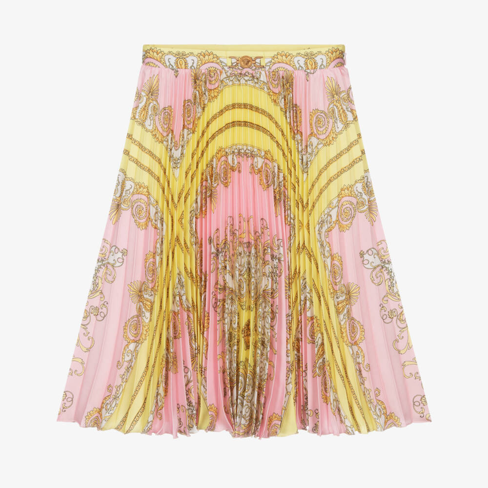 Versace-Плиссированная шелковая юбка розового и золотого цвета | Childrensalon Outlet
