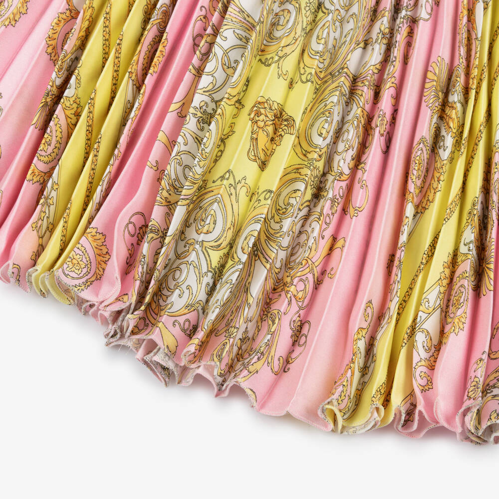 Versace-Плиссированная шелковая юбка розового и золотого цвета | Childrensalon Outlet