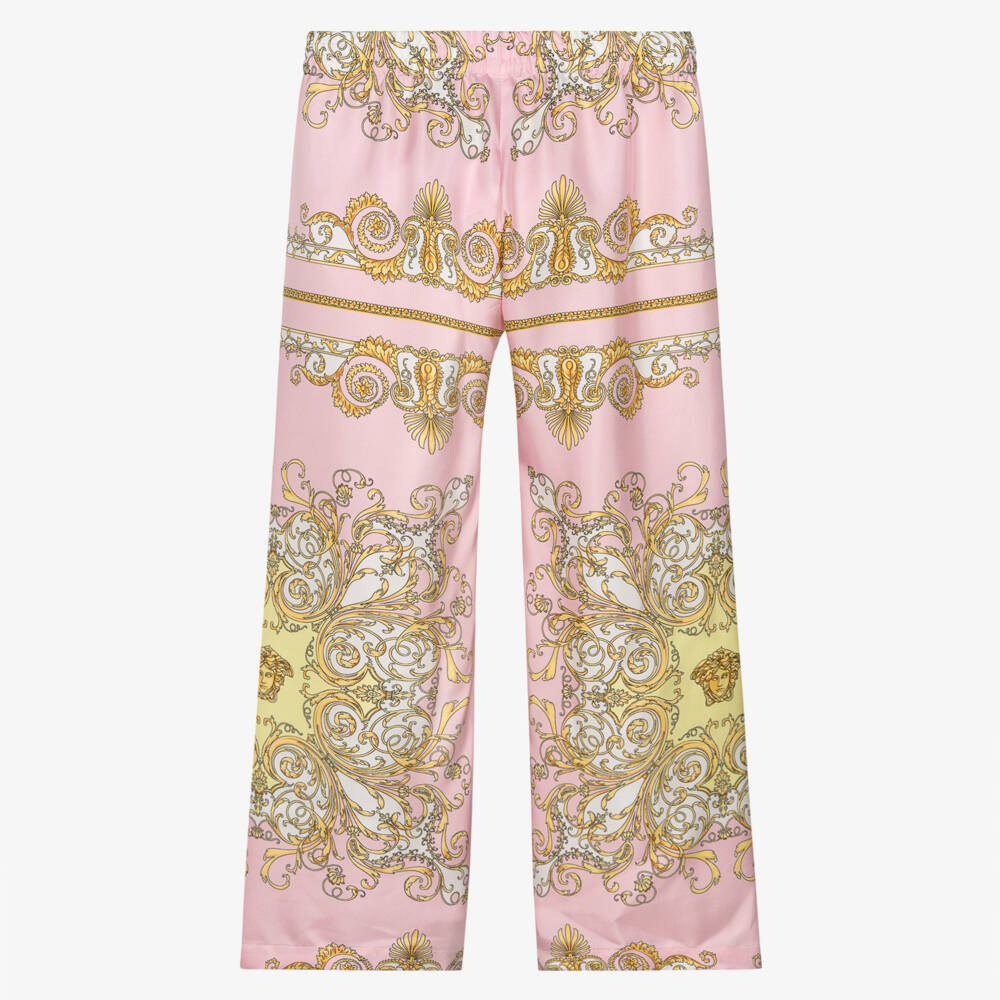 Versace-Шелковые брюки Барокко розовые и золотые | Childrensalon Outlet