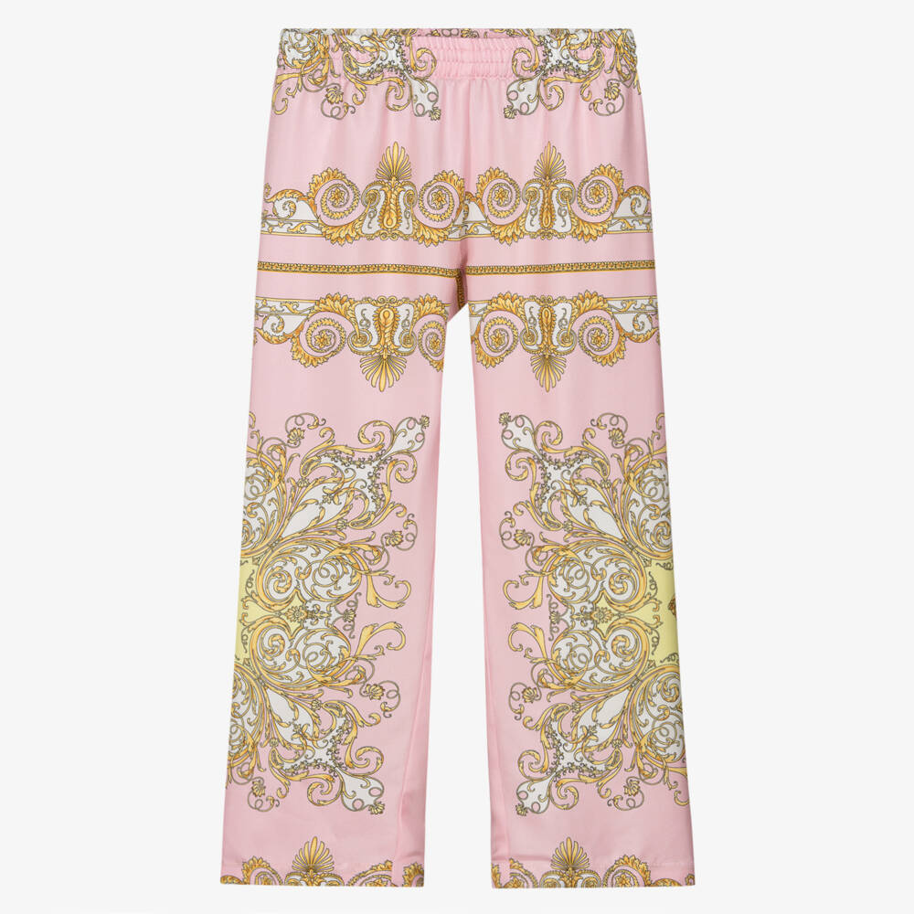 Versace-Шелковые брюки Барокко розовые и золотые | Childrensalon Outlet