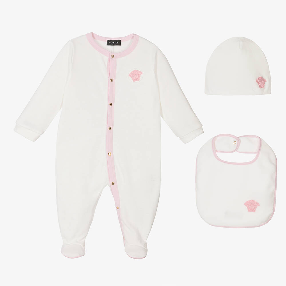 Versace - Girls Pink & Ivory Cotton Babygrow Gift Set | Childrensalon