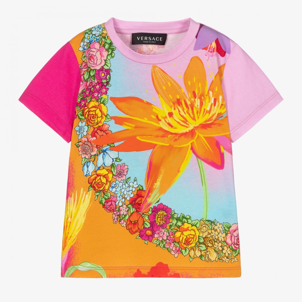 Versace Girls Pink Jardin Logo T Shirt Childrensalon Outlet