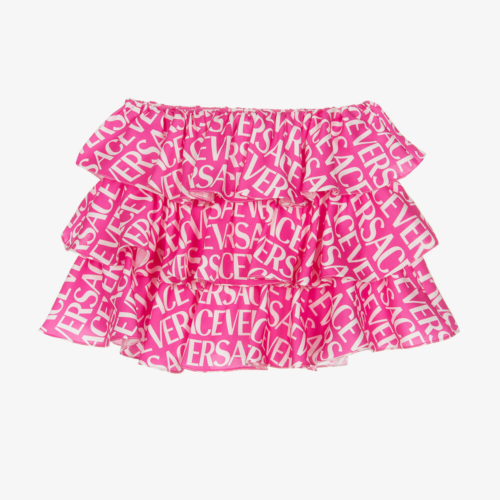 Versace-Girls Pink Logo Satin Ruffle Skirt | Childrensalon Outlet