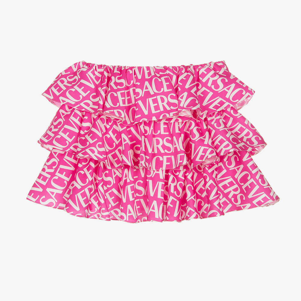 Versace - Girls Pink Logo Satin Ruffle Skirt | Childrensalon
