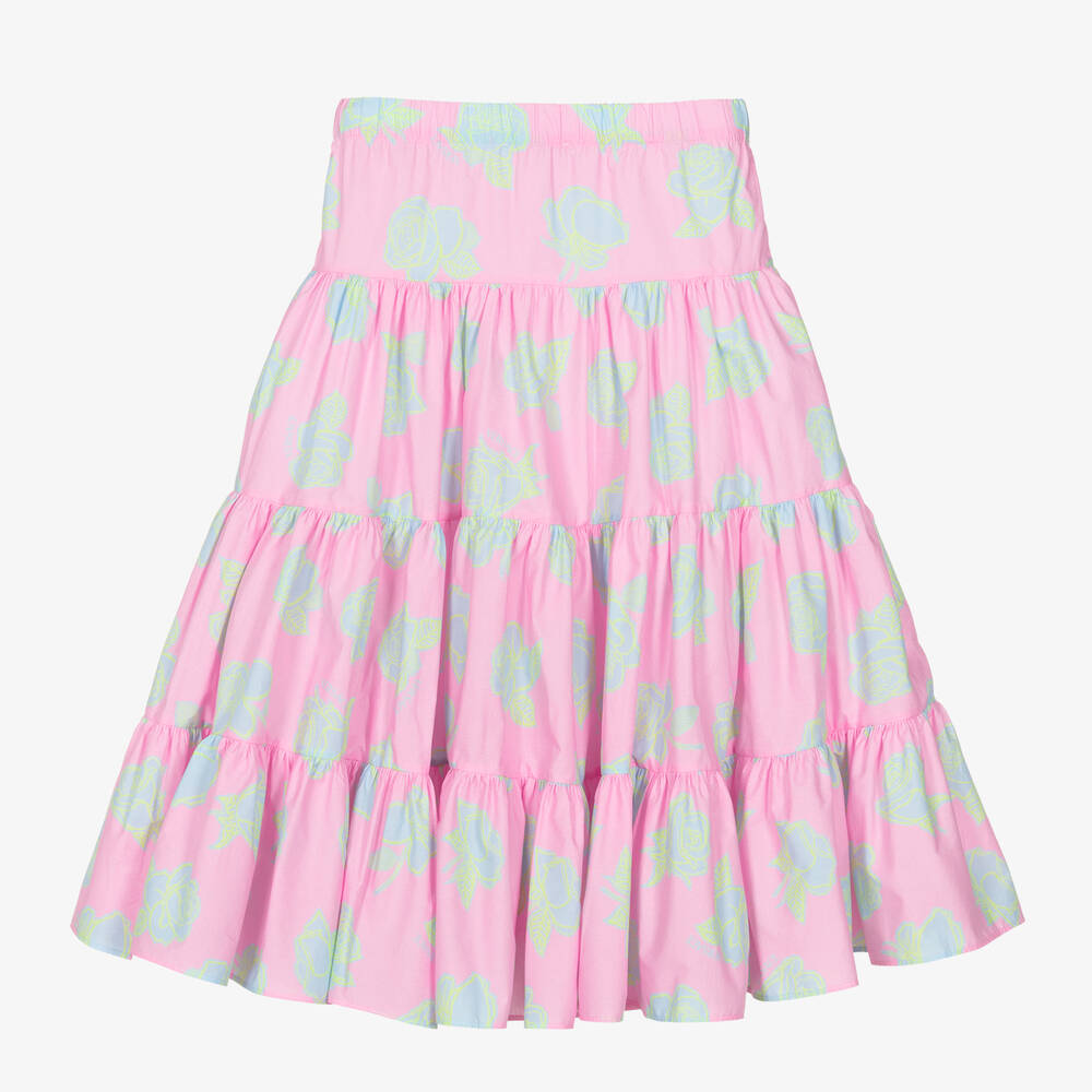 Versace-Girls Pink Rose Tiered Cotton Skirt | Childrensalon Outlet