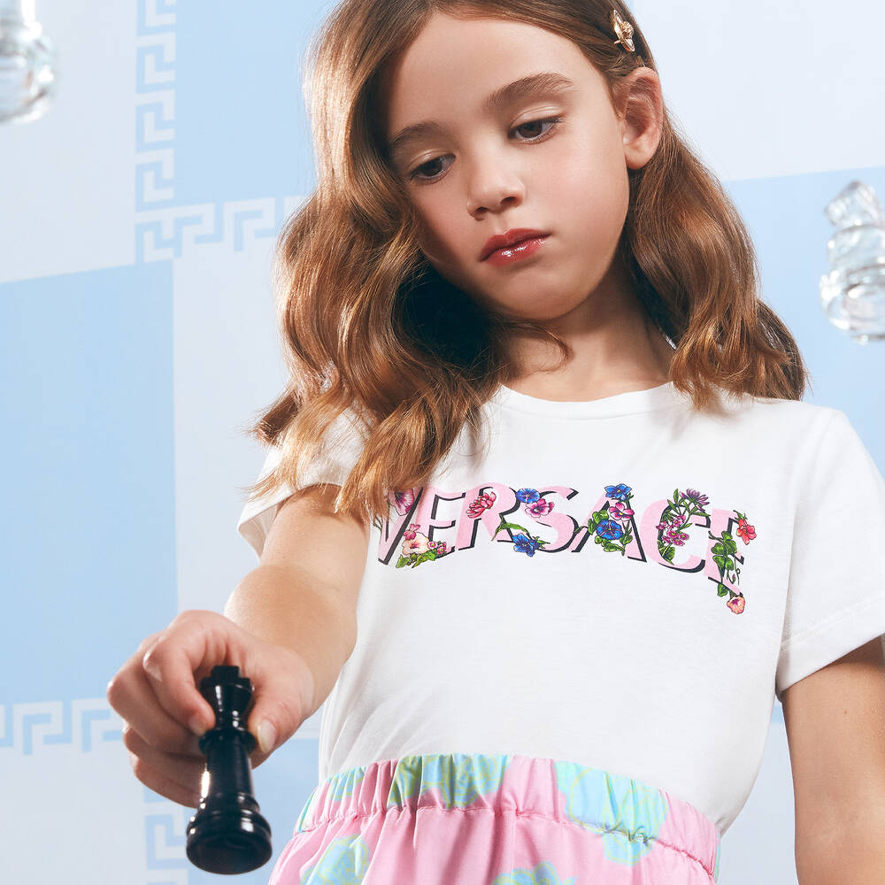 Versace-Girls Pink Rose Tiered Cotton Skirt | Childrensalon Outlet