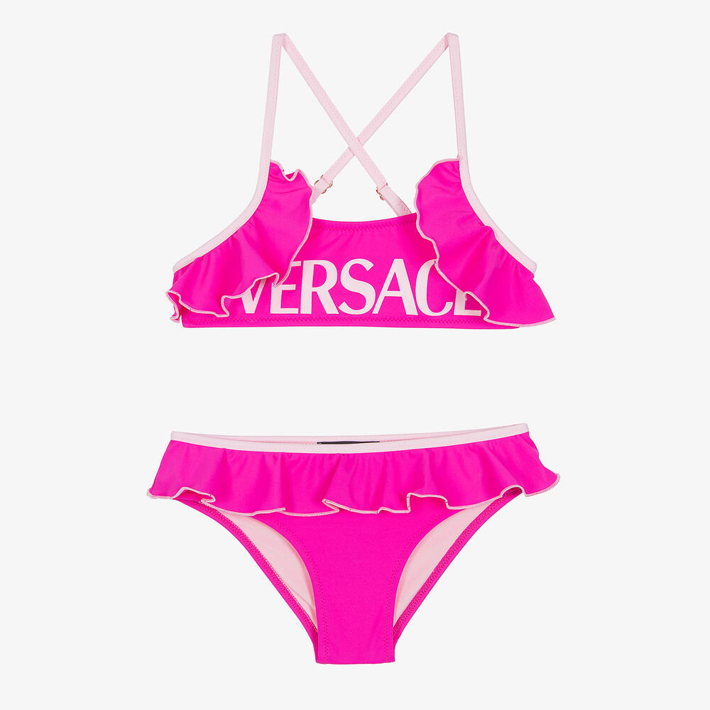 Versace-Girls Pink Ruffle Logo Bikini | Childrensalon Outlet