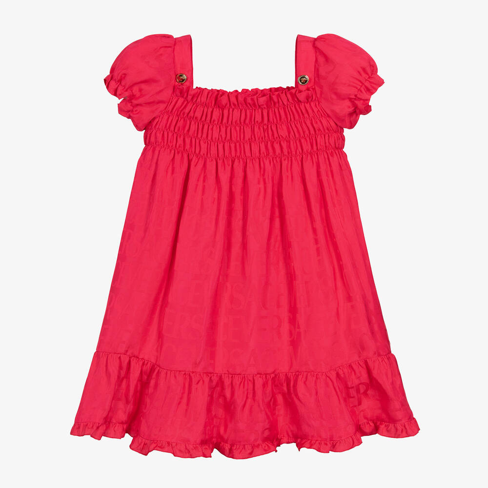 Versace - Girls Pink Satin Jacquard Dress | Childrensalon