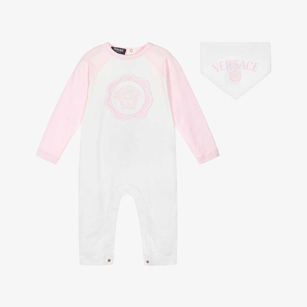 Versace-طقم بيجاما قطنية وردية وبيضاء للبنات | Childrensalon Outlet
