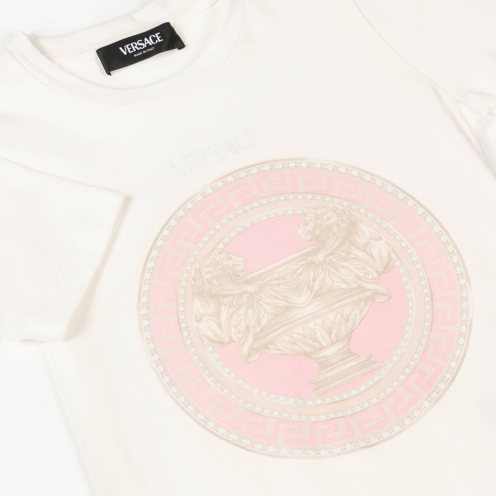 Versace-Футболка розово-белая с логотипом для девочек | Childrensalon Outlet