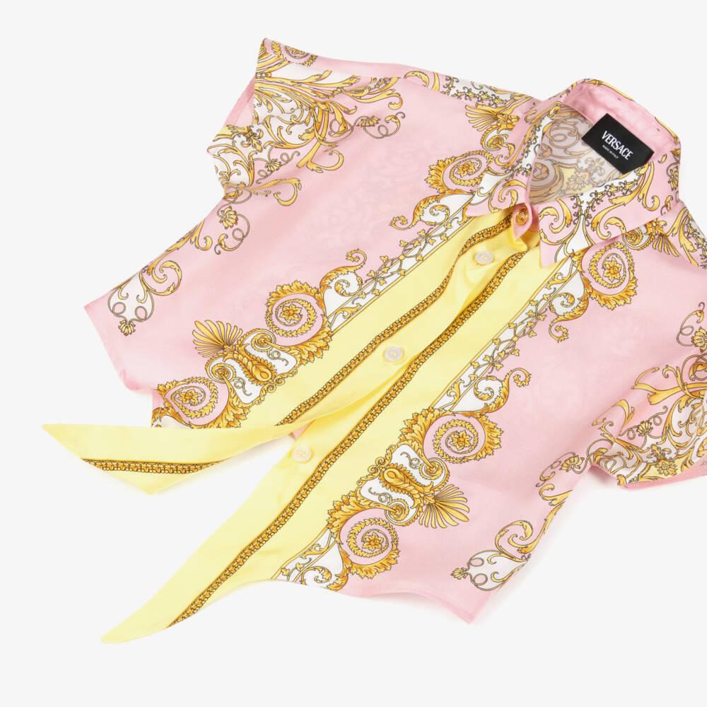 Versace-Girls Pink & Yellow Silk Blouse with Gold Barocco Print | Childrensalon Outlet
