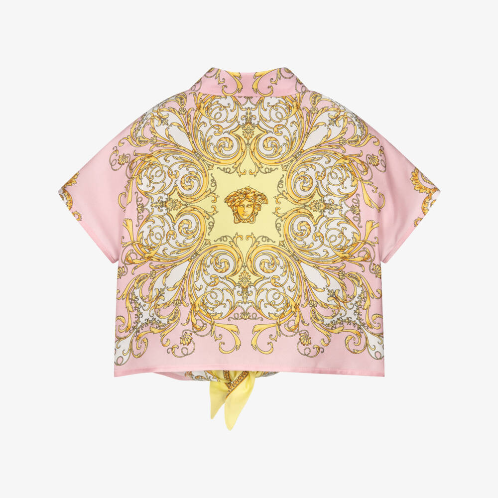 Versace-Girls Pink & Yellow Silk Blouse with Gold Barocco Print | Childrensalon Outlet