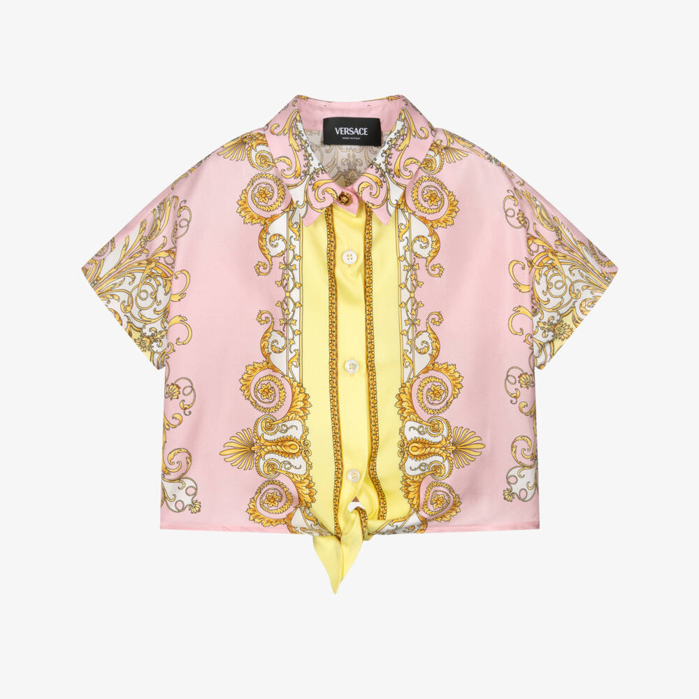 Versace-Girls Pink & Yellow Silk Blouse with Gold Barocco Print | Childrensalon Outlet