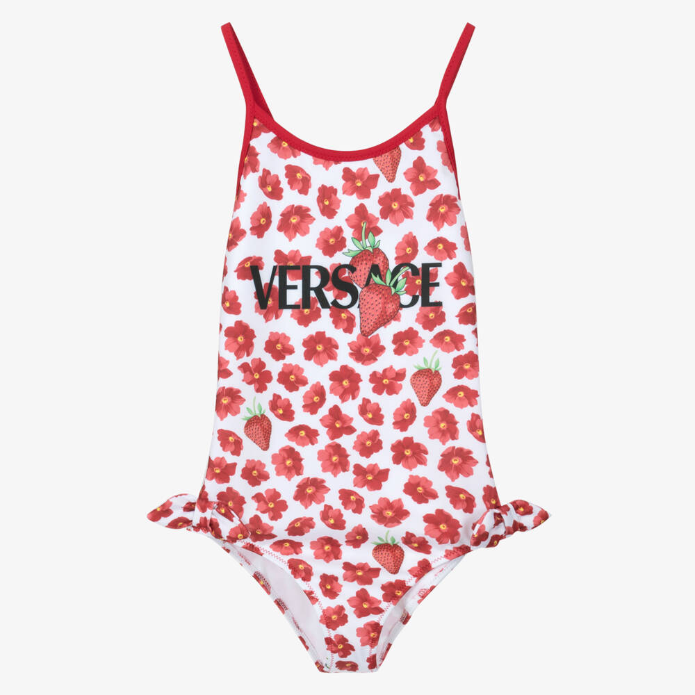 Versace-Girls Red Floral Strawberry Swimsuit | Childrensalon Outlet