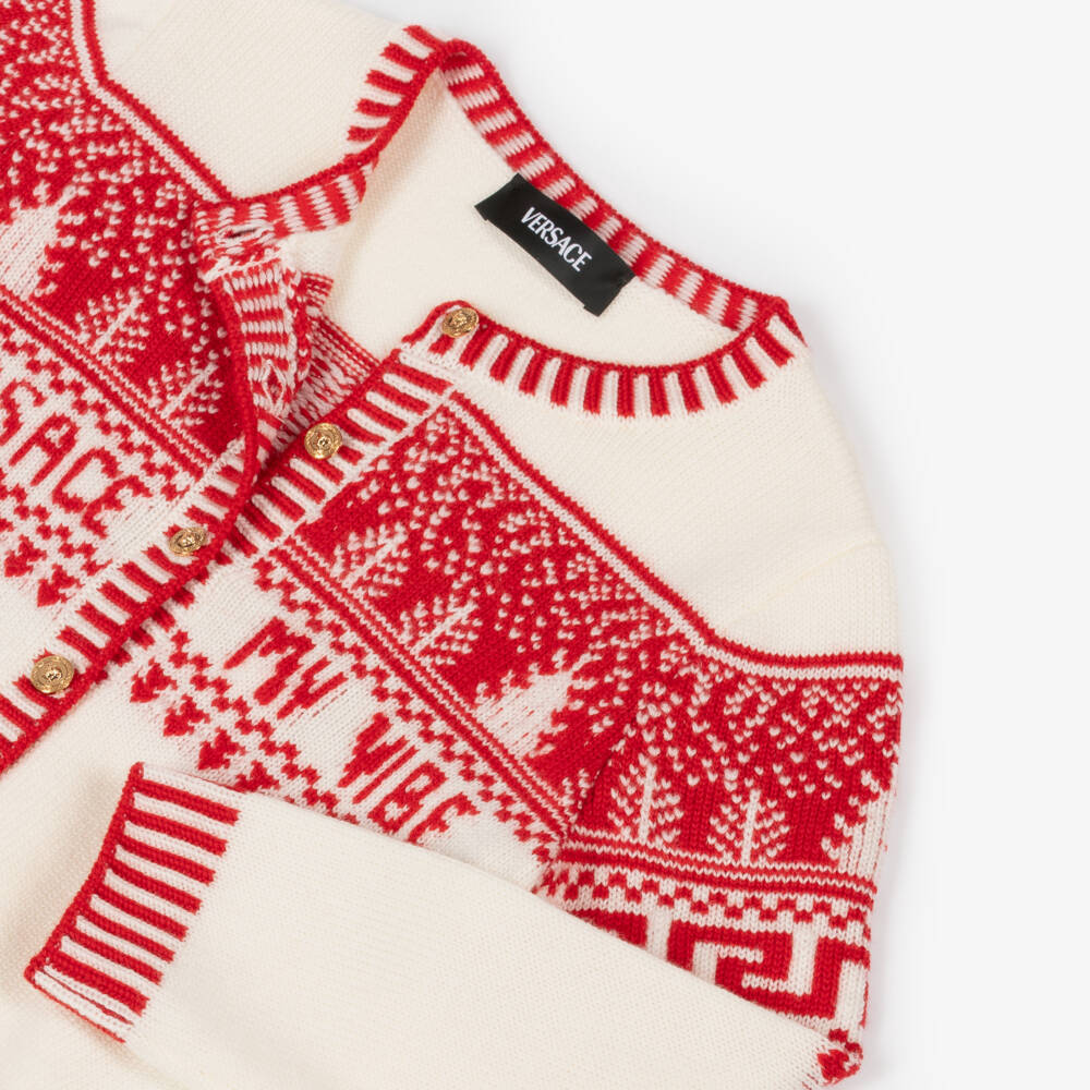 Versace-Girls Red & White Wool Fair Isle Cardigan | Childrensalon Outlet