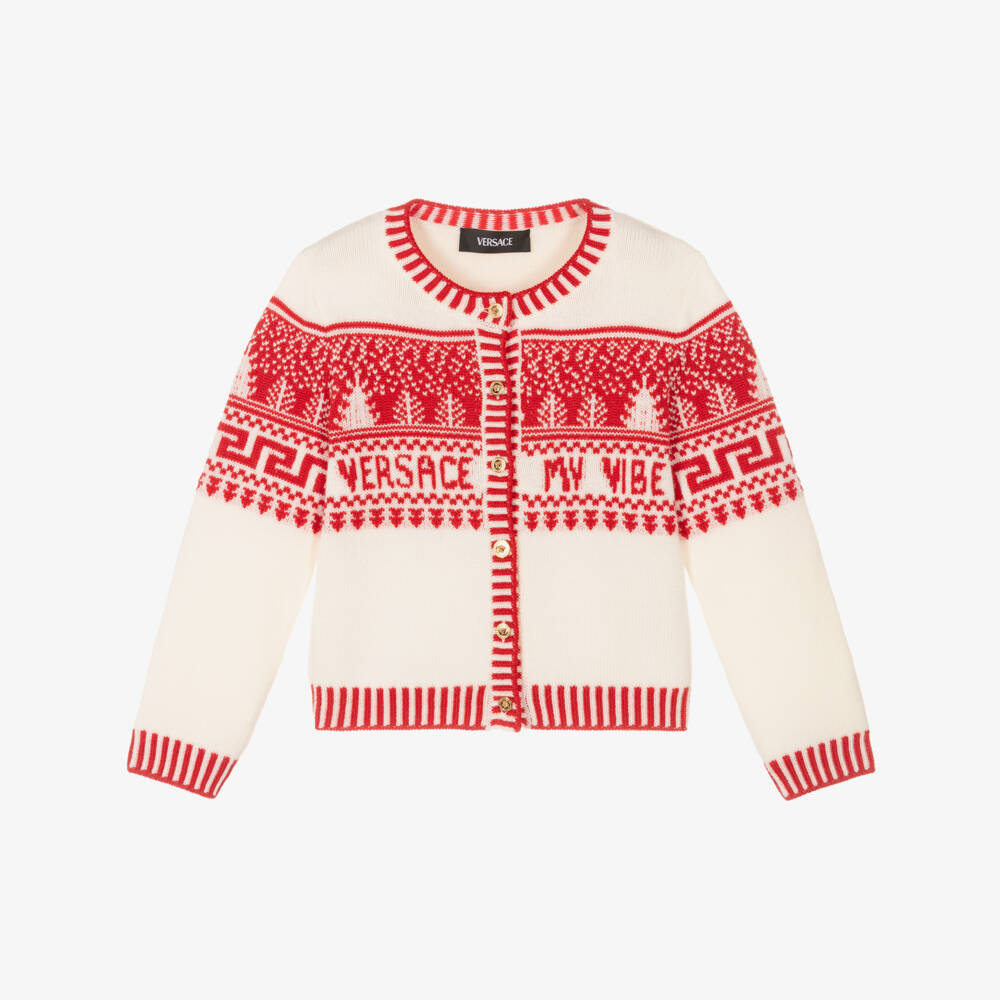 Versace-Girls Red & White Wool Fair Isle Cardigan | Childrensalon Outlet