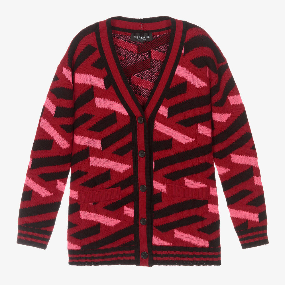 Versace - Girls Red Wool La Greca Cardigan | Childrensalon