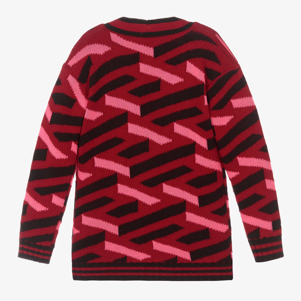 Versace-Girls Red Wool La Greca Cardigan | Childrensalon Outlet